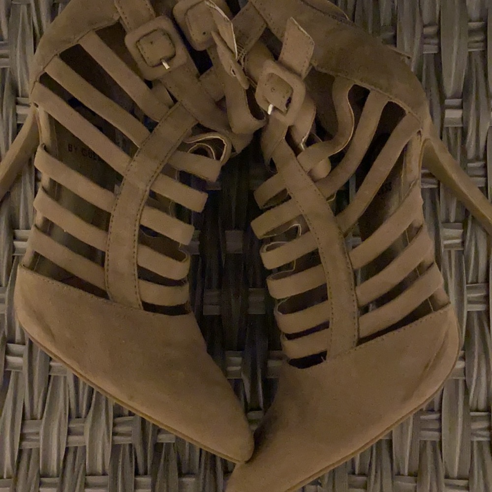 G by guess caged heels TAN